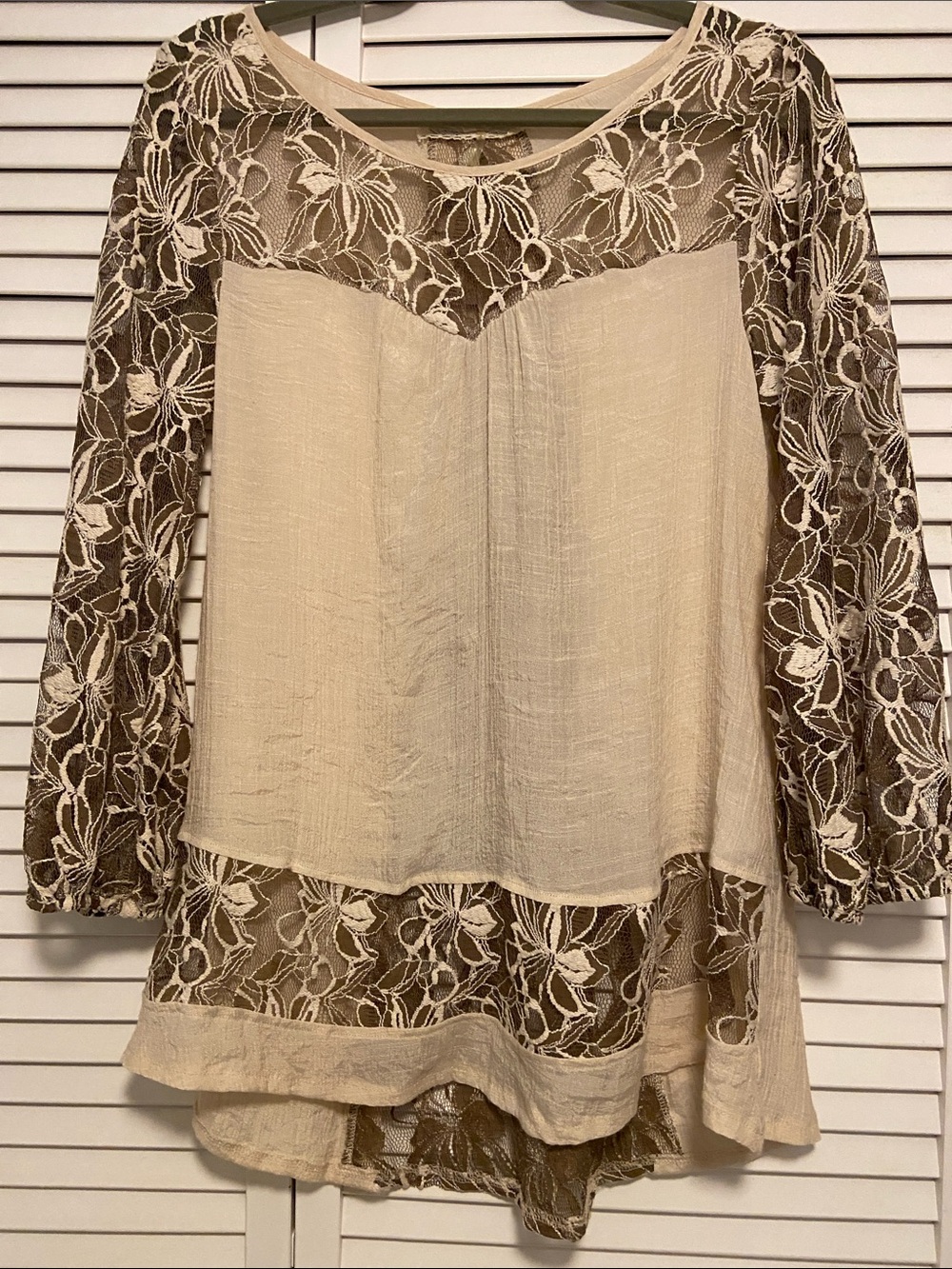 A'Reve Lace-Panel Tunic Size L Brown Cream Ballon Sleeve Fairycore Cottagecore